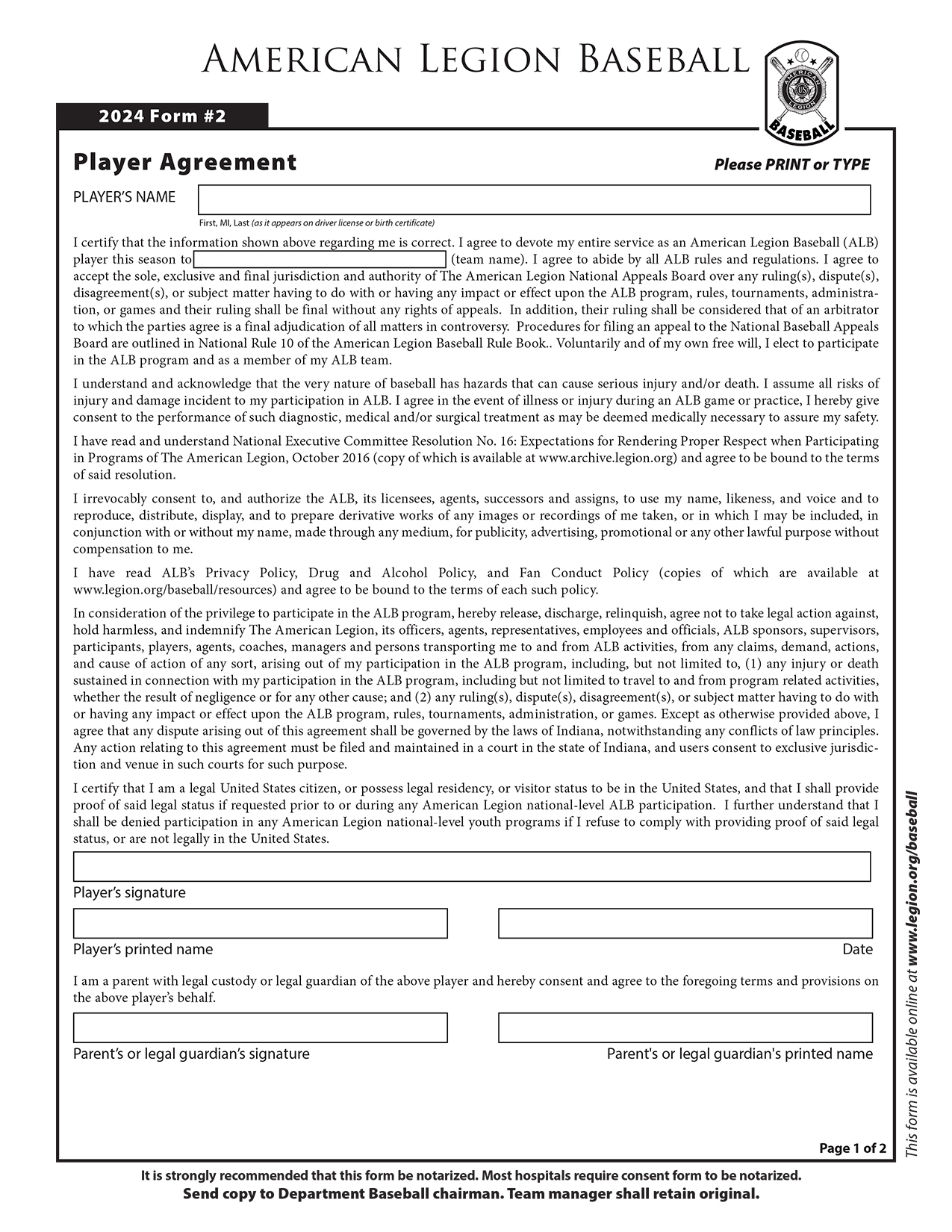 Player Agreement Form